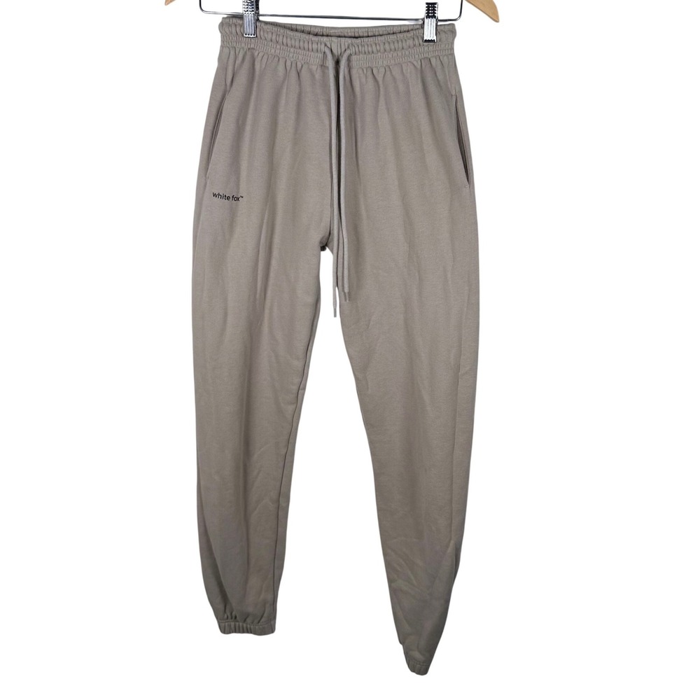 White Fox Women XS Beige Jogger Elastic Waist Logo Campus BTS Comfy